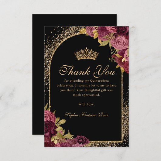 Bourgogne Rood Zwart Goud Glitter Floral Quinceane Bedankkaart (Voorkant / Achterkant)