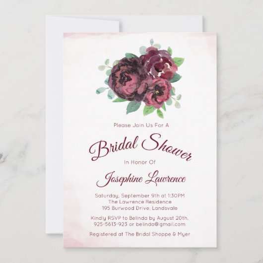 Bourgogne Roos Bloemen Bruids Douche Uitnodigingen (Voorkant)