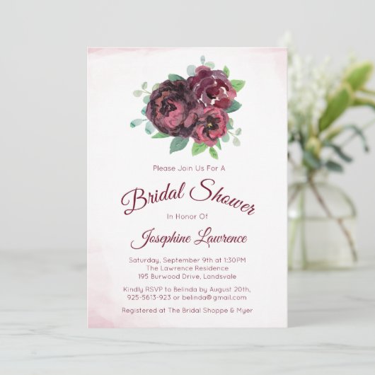 Bourgogne Roos Bloemen Bruids Douche Uitnodigingen (Staand voorkant)