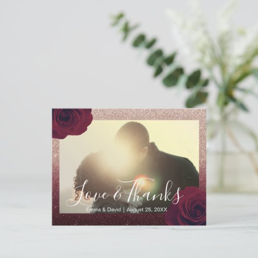 Bourgogne Roos Bloemen Trouwfoto Dank u Briefkaart (Staand voorkant)