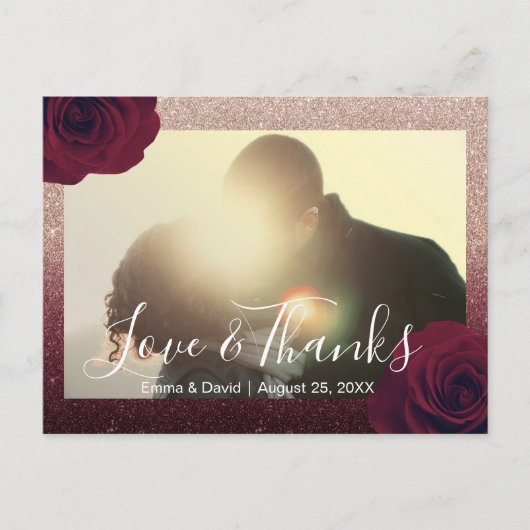 Bourgogne Roos Bloemen Trouwfoto Dank u Briefkaart (Voorkant)