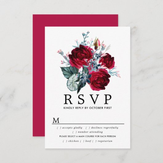 Bourgogne Roos Bruiloft RSVP Kaart, Maaltijdopties (Voorkant / Achterkant)