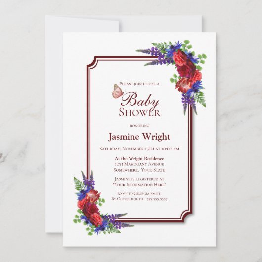 Bourgogne Roos Floral Baby shower Kaart (Voorkant)