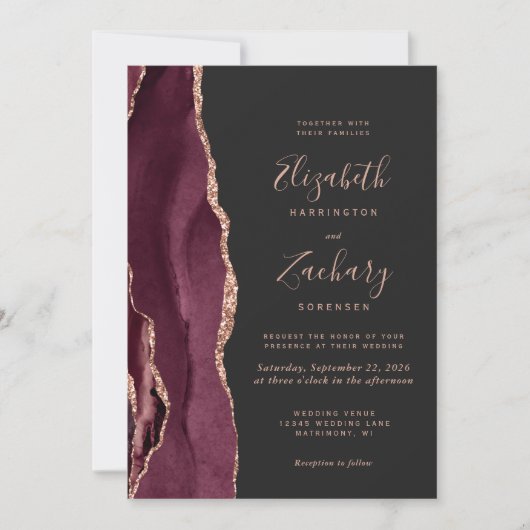 Bourgogne Roos Gold Agaat Dark Wedding Invitation Kaart (Voorkant)