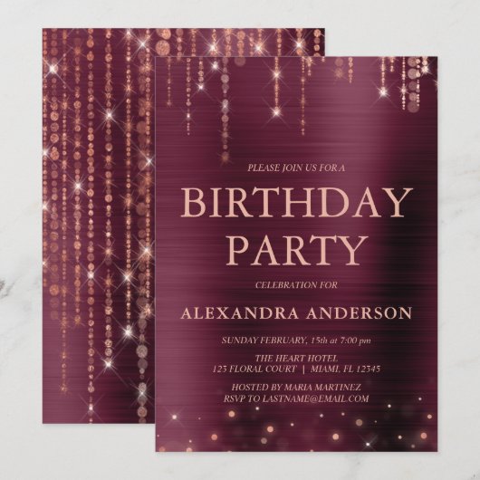 Bourgogne Roos Gold Any Age Verjaardagsfeest Kaart (Voorkant / Achterkant)