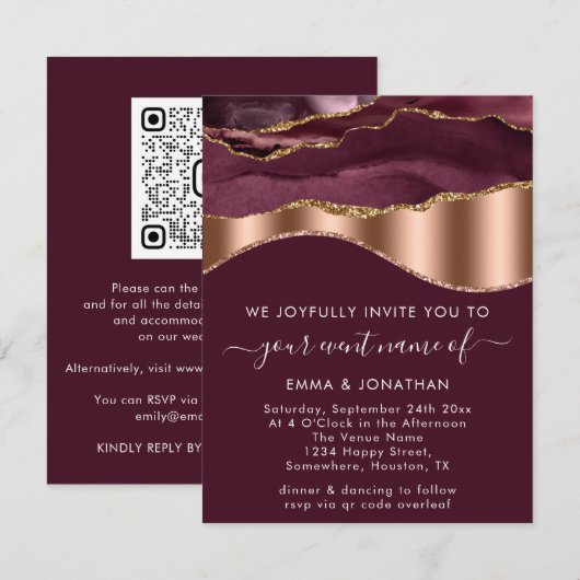 Bourgogne Roos Gold Border Wave QR Code Weddenscha (Voorkant / Achterkant)