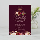 Bourgogne Roos Gold Cross Meisjes Eerste Communie Folie Uitnodiging (Staand Voorkant)