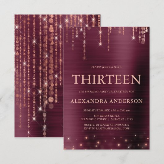 Bourgogne Roos Gold Dertien 13e Verjaardagsfeest Kaart (Voorkant / Achterkant)