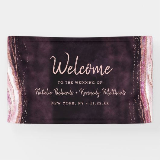 Bourgogne & Roos Gold Geode Agaat Bruiloft Welkom Spandoek (Horizontaal)