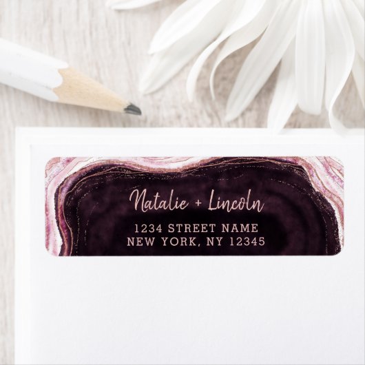 Bourgogne & Roos Gold Geode Bruiloft Retouradres Etiket (Insitu)