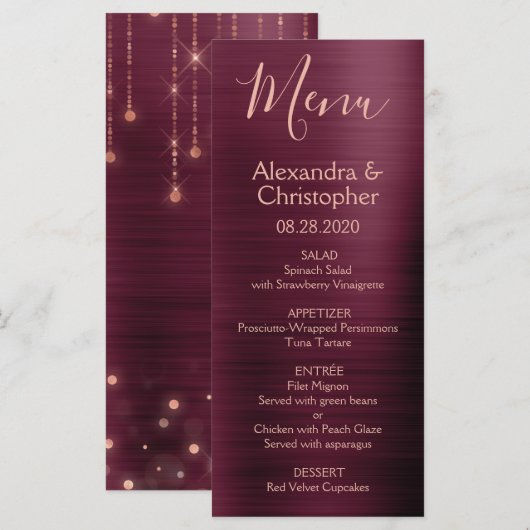 Bourgogne Roos Gold Modern en Elegant Wedding Menu (Voorkant / Achterkant)