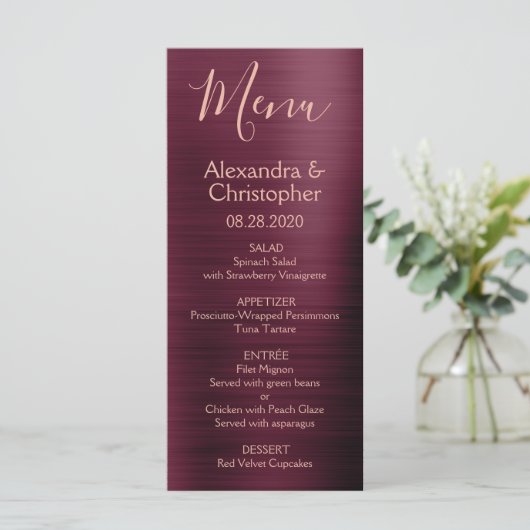 Bourgogne Roos Gold Modern en Elegant Wedding Menu (Staand voorkant)