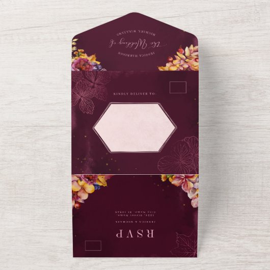 Bourgogne Roos Gold Waterverf verijdelt bruiloft All In One Uitnodiging (Buitenkant)