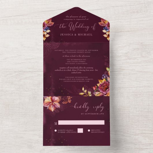 Bourgogne Roos Gold Waterverf verijdelt bruiloft All In One Uitnodiging (Binnen)