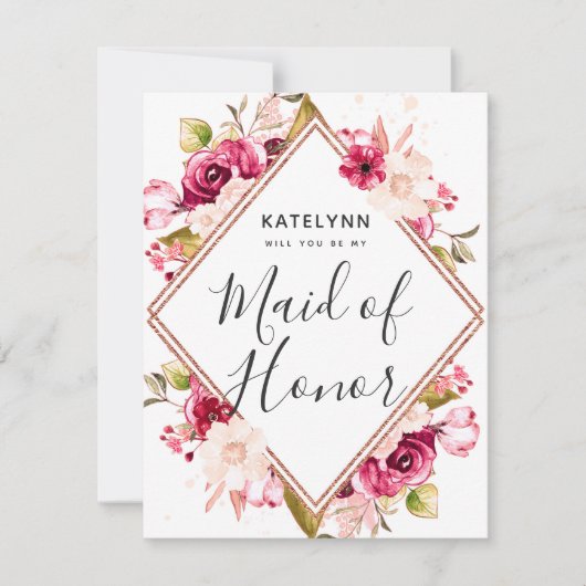 Bourgogne Roos Gold, word je mijn bruidsmeisje Kaart (Voorkant)
