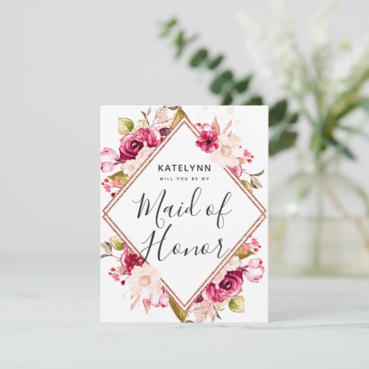 Bourgogne Roos Gold, word je mijn bruidsmeisje Kaart (Staand voorkant)