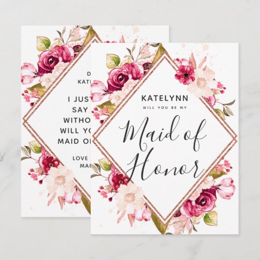 Bourgogne Roos Gold, word je mijn bruidsmeisje Kaart (Voorkant / Achterkant)