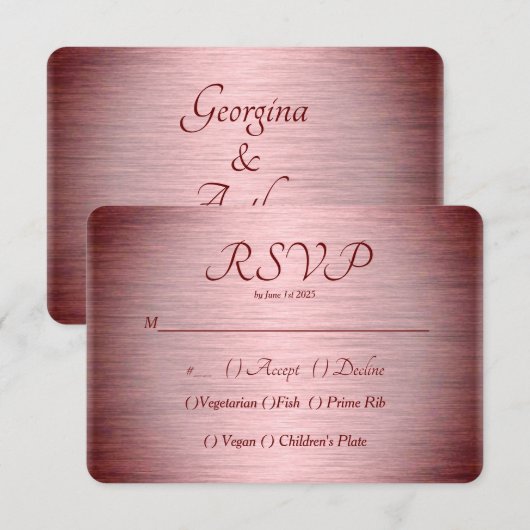 Bourgogne Roos Goud Geborsteld Metaal RSVP Kaartje (Voorkant / Achterkant)