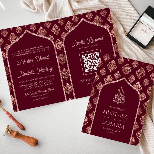 Bourgogne Roos Gouden Boog QR Code Moslim Bruiloft