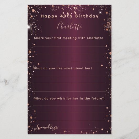 Bourgogne roos gouden fonkelt verjaardagswensen ka (Voorkant)