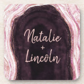 Bourgogne & Roos Gouden Geode Agaat Bruiloft Monog Bier Onderzetter (Voorkant)