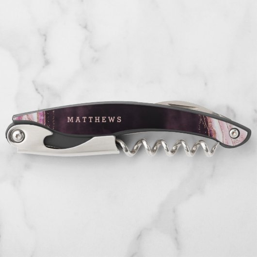 Bourgogne & Roos Gouden Geode Agaat Bruiloft Monog Kurkentrekker (Voorkant)