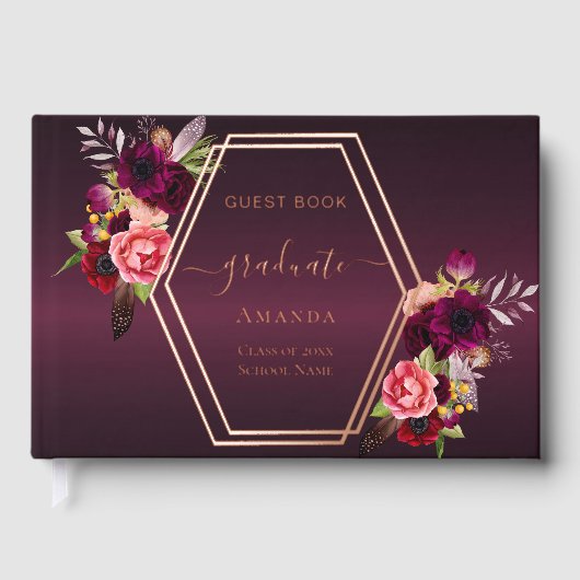 Bourgogne roos gouden geometrische bloemen Afstude Gastenboek (Voorkant)