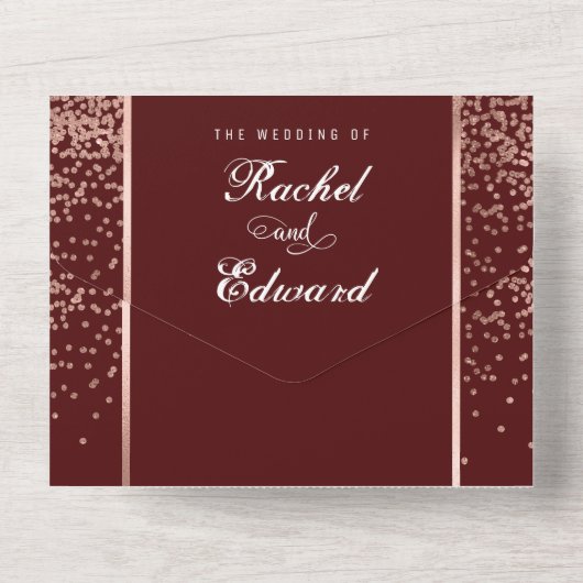 Bourgogne Roos Gouden Glitter Confetti Wedding RSV All In One Uitnodiging (Achterkant)