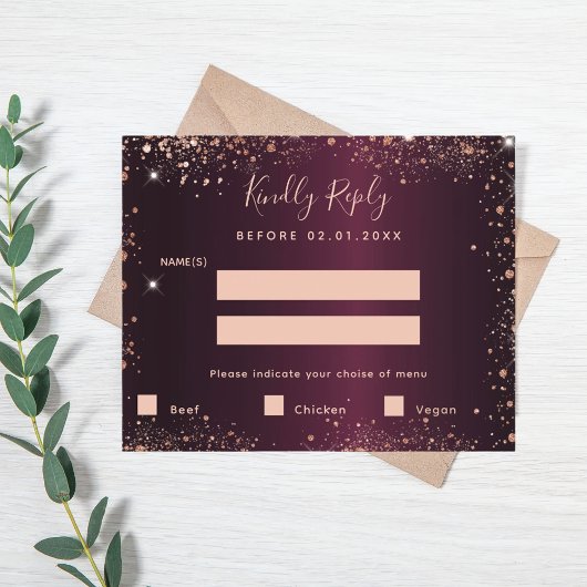 Bourgogne roos gouden glitter menu maaltijden RSVP