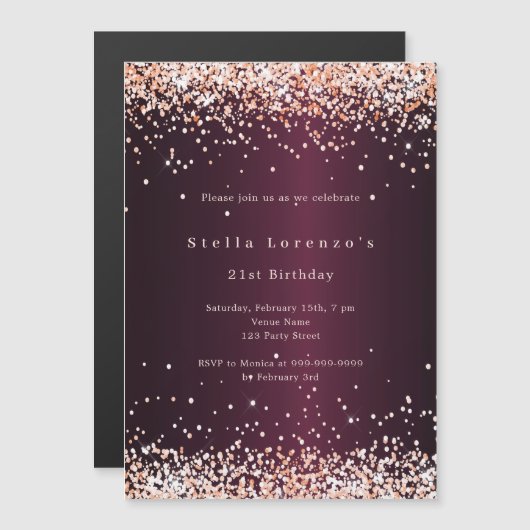 Bourgogne roos gouden luxeverjaardag magnetische uitnodiging (Voorkant / Achterkant)