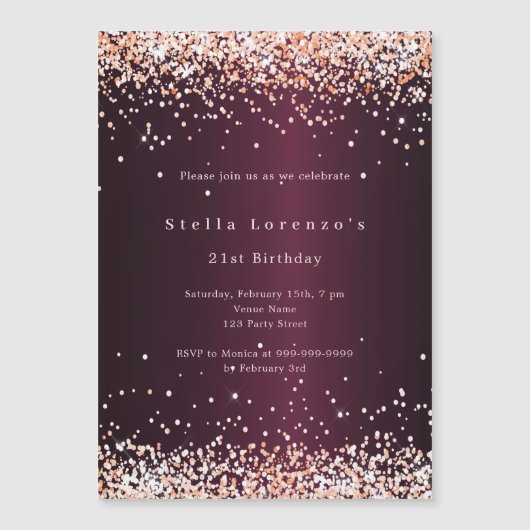 Bourgogne roos gouden luxeverjaardag magnetische uitnodiging (Voorkant)