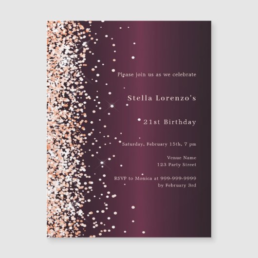 Bourgogne roos gouden premium verjaardag magnetische uitnodiging (Voorkant)