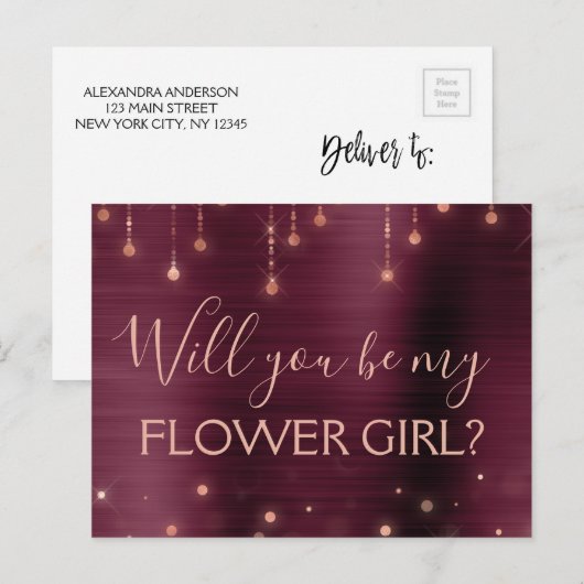 Bourgogne Roos Gouden Sparkle Bloemenmeisje Uitnodiging Briefkaart (Voorkant / Achterkant)