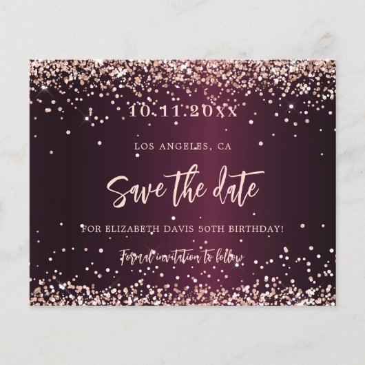 Bourgogne roos gouden verjaardag save the date car (Voorkant)