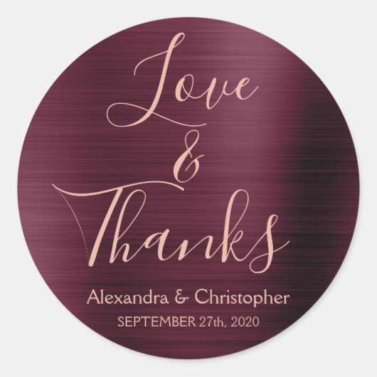 Bourgogne Roos Goudfolie Liefde & Bedankt Ronde Sticker (Voorkant)