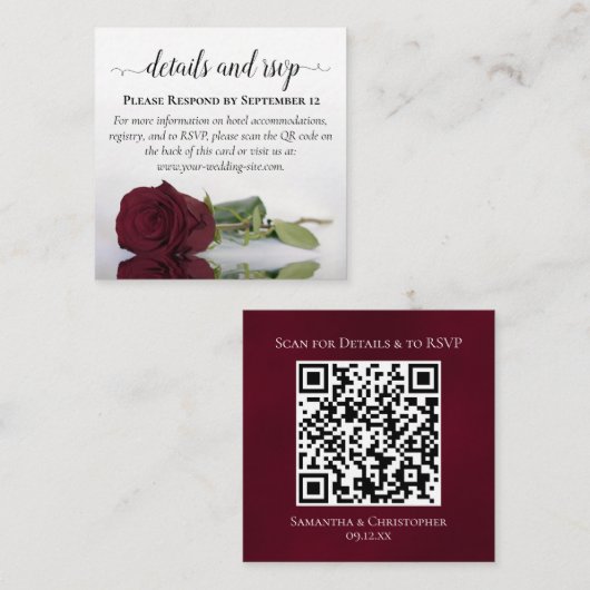 Bourgogne Roos Posh Wedding Details & RSVP QR Code Informatiekaartje (Voorkant / Achterkant)