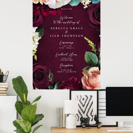 Bourgogne Roos Ranunculus Bruiloft Welkom Poster (Thuiskantoor)