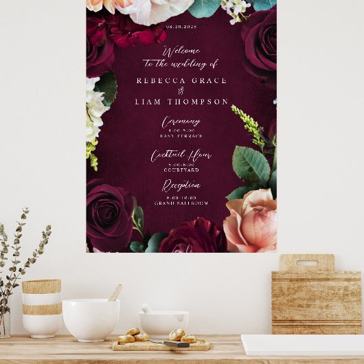Bourgogne Roos Ranunculus Bruiloft Welkom Poster (Keuken)