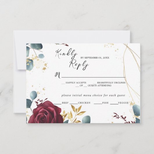 Bourgogne Roos Spring Summer Wedding Response Kaar RSVP Kaartje (Voorkant)