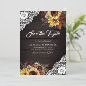 Bourgogne Roos Zonnebloem Hout QR Code Trouwfoto Save The Date (Staand voorkant)