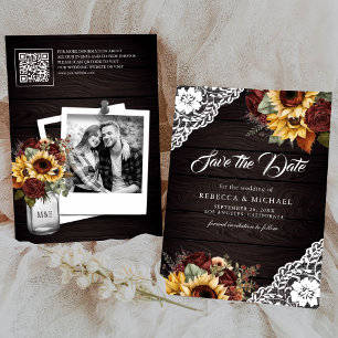 Bourgogne Roos Zonnebloem Hout QR Code Trouwfoto Save The Date