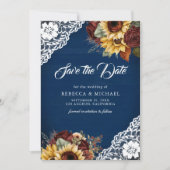 Bourgogne Roos Zonnebloem Navy QR Code Trouwfoto Save The Date (Voorkant)