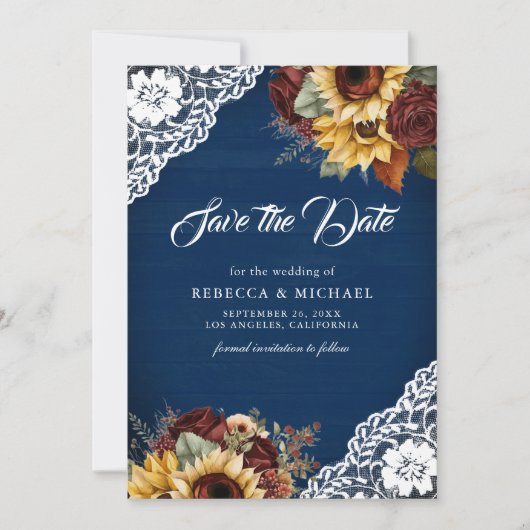 Bourgogne Roos Zonnebloem Navy QR Code Trouwfoto Save The Date (Voorkant)