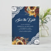 Bourgogne Roos Zonnebloem Navy QR Code Trouwfoto Save The Date (Staand voorkant)