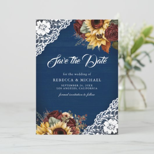 Bourgogne Roos Zonnebloem Navy QR Code Trouwfoto Save The Date (Staand voorkant)