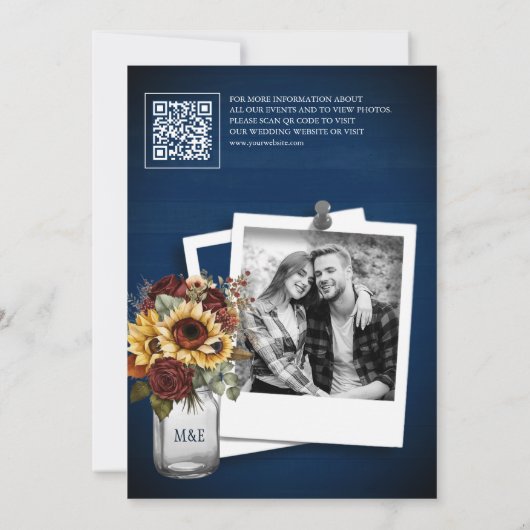 Bourgogne Roos Zonnebloem Navy QR Code Trouwfoto Save The Date (Achterkant)
