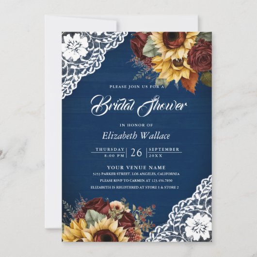 Bourgogne Roos Zonnebloem Navy QR Code Vrijgezelle Kaart (Voorkant)