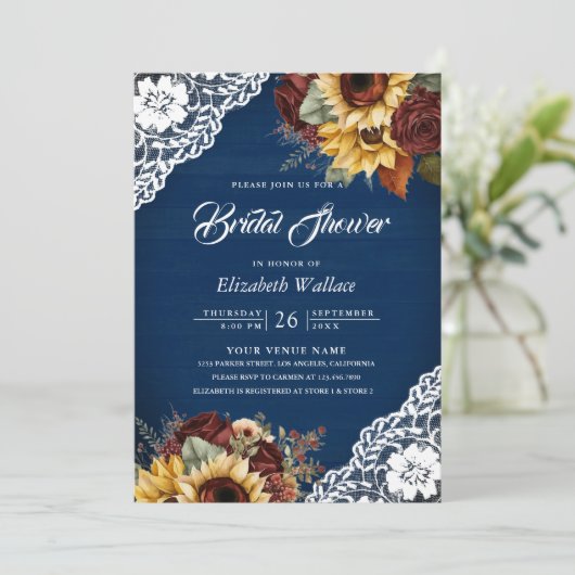 Bourgogne Roos Zonnebloem Navy QR Code Vrijgezelle Kaart (Staand voorkant)