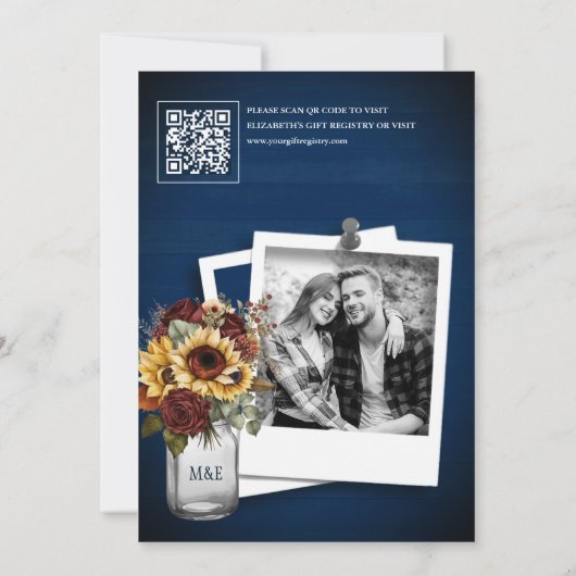 Bourgogne Roos Zonnebloem Navy QR Code Vrijgezelle Kaart (Achterkant)