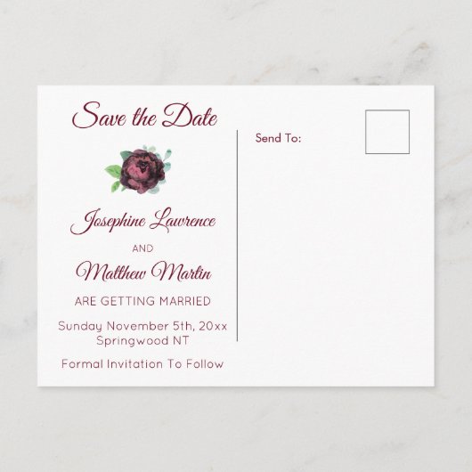 Bourgogne Rose Boeket Save the Date Aankondigingskaart (Achterkant)